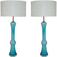 Sculptural Vintage Murano Table Lamps in Cased Aqua Glass