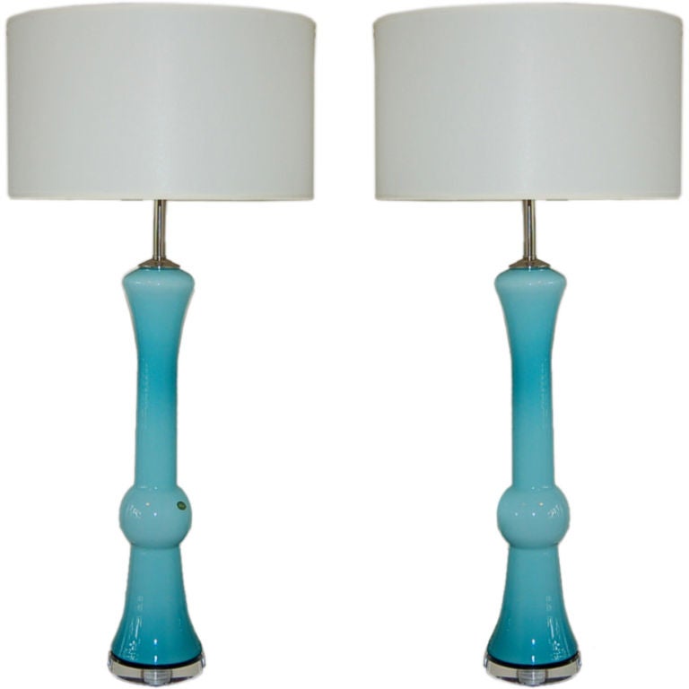 Sculptural Vintage Murano Table Lamps in Cased Aqua Glass
