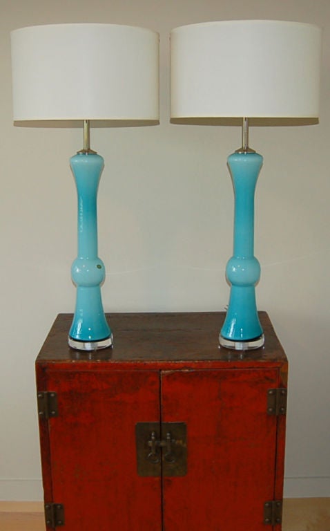 Italian Sculptural Vintage Murano Table Lamps in Cased Aqua Glass