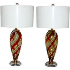 Pair of Butterscotch Vintage Murano Lamps with Stripes