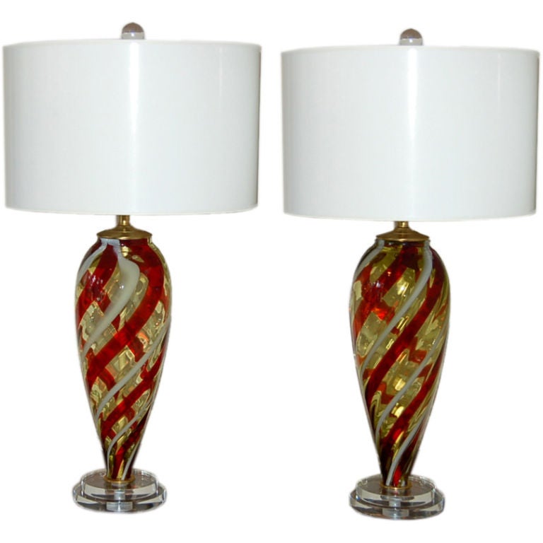 Pair of Butterscotch Vintage Murano Lamps with Stripes For Sale