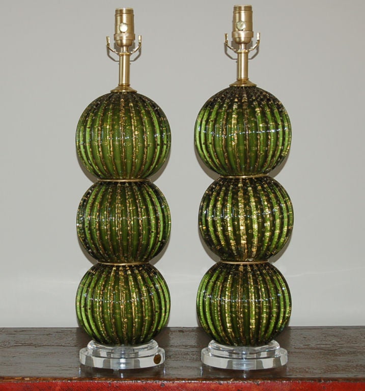 Matched Pair of Vintage Stacked Ball Murano Lamps of Green with Gold