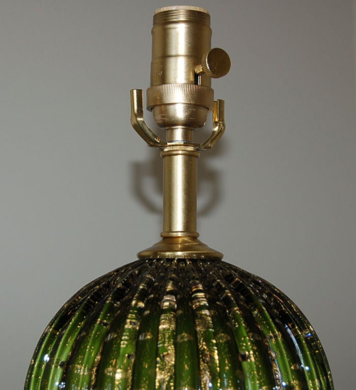 Matched Pair of Vintage Stacked Ball Murano Lamps of Green with Gold