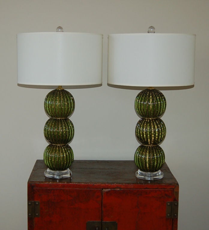 Matched Pair of Vintage Stacked Ball Murano Lamps of Green with Gold