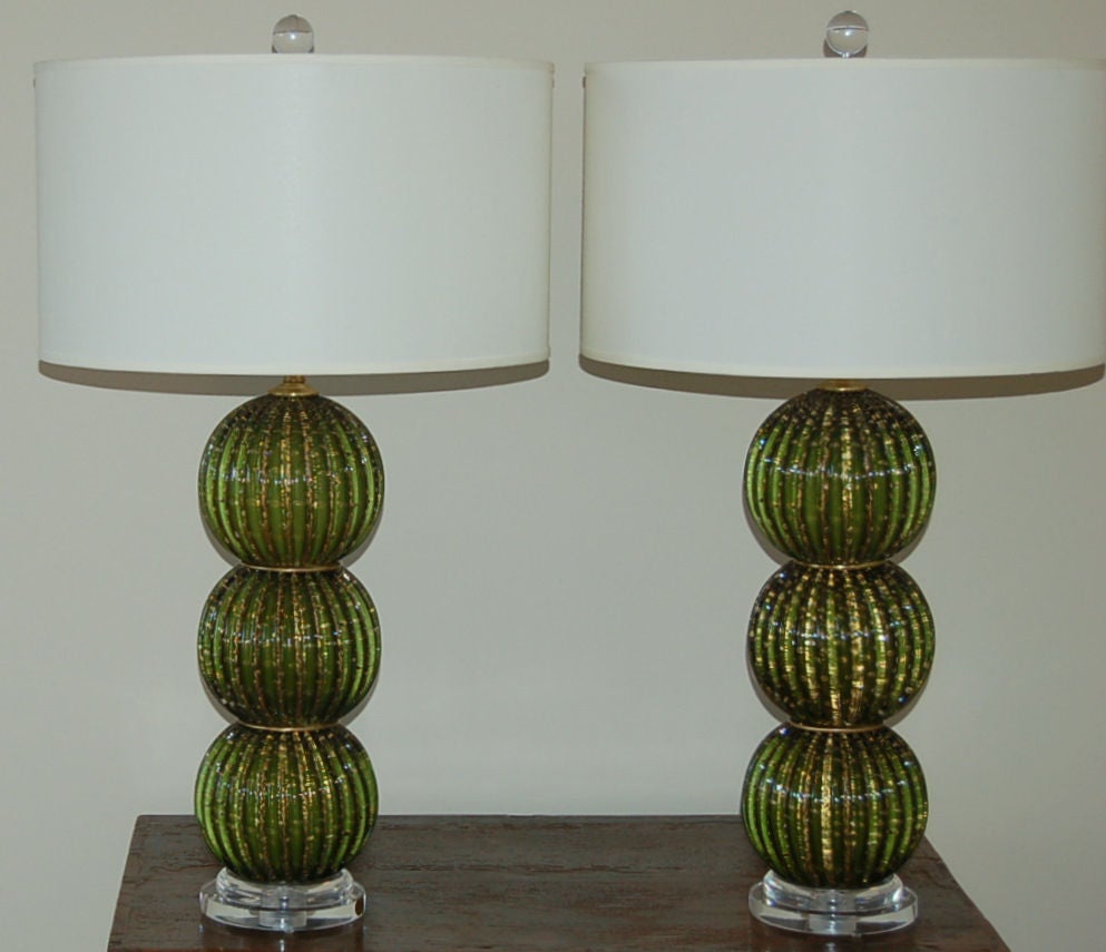 Matched Pair of Vintage Stacked Ball Murano Lamps of Green with Gold