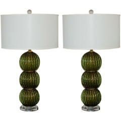 Matched Pair of Vintage Stacked Ball Murano Lamps of Green with Gold