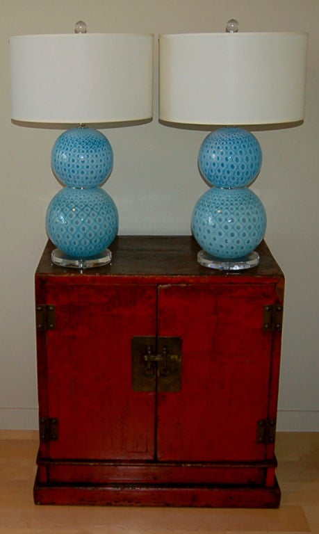 Italian Giorgio Ferro Stacked Murano Ball Lamps with Peacock Design For Sale