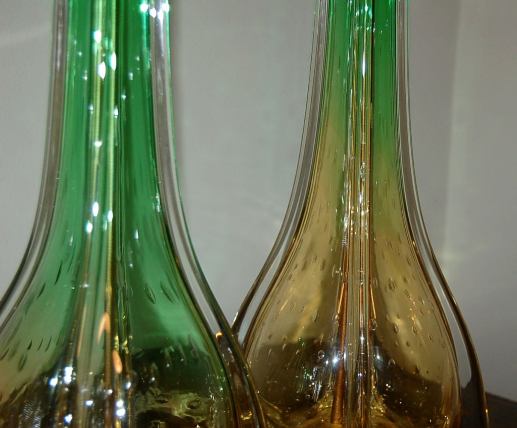 Mid-20th Century Matched Pair of Finned Murano Lamps in Green and Gold For Sale