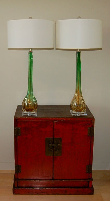 Italian Matched Pair of Finned Murano Lamps in Green and Gold For Sale