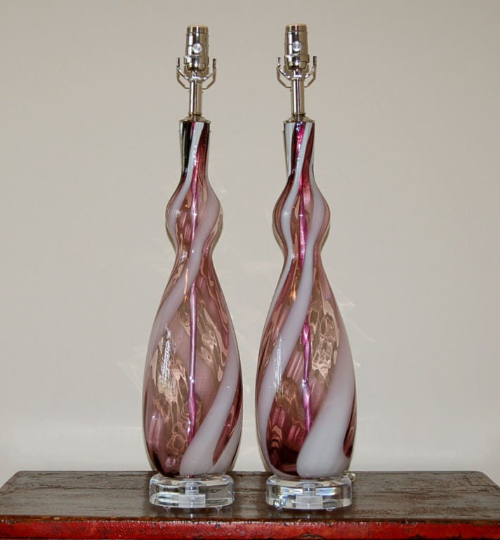 Vintage Pair of Italian Lamps in Grape with White Stripe