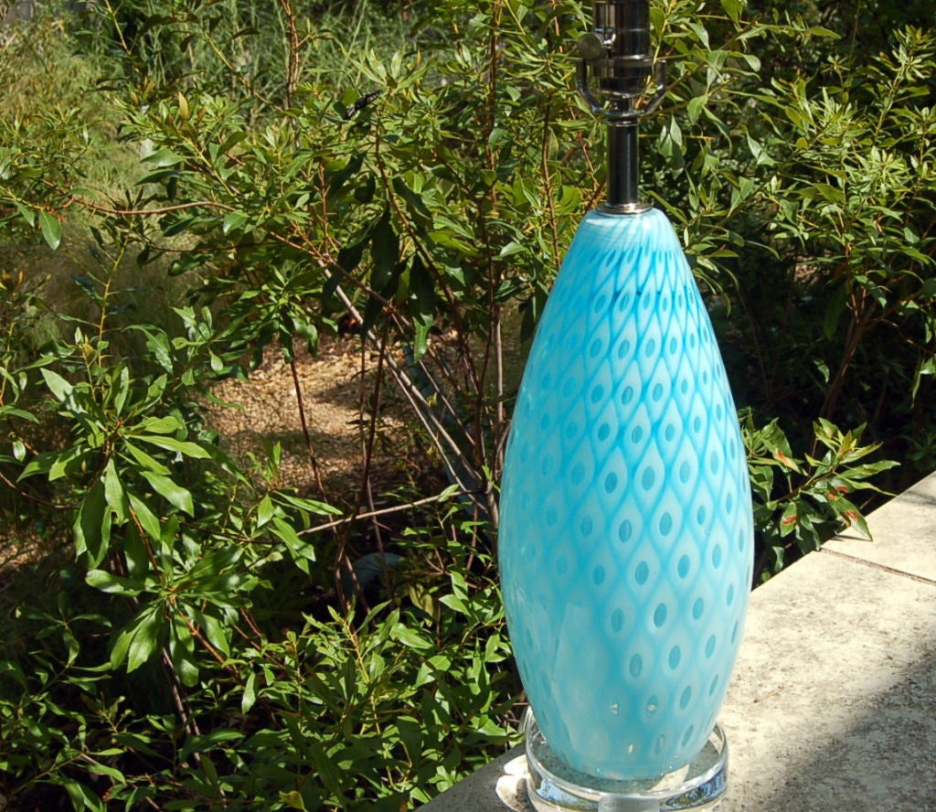 Murano Glass Galliano Ferro - Baby Blue Peacock Feather Design