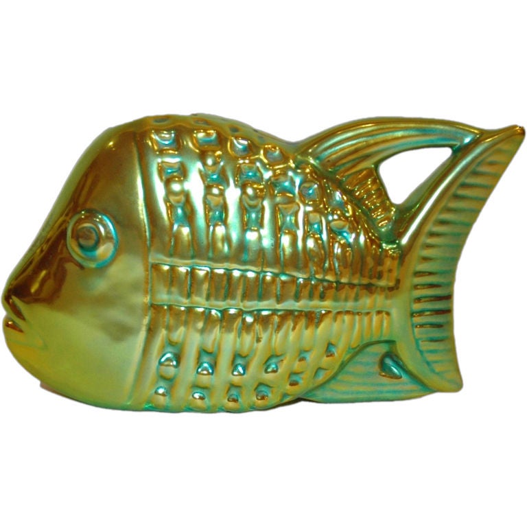 1960s Judit Nador for Zsolnay Iridescent Fish Ceramic with Eosin Glaze For Sale