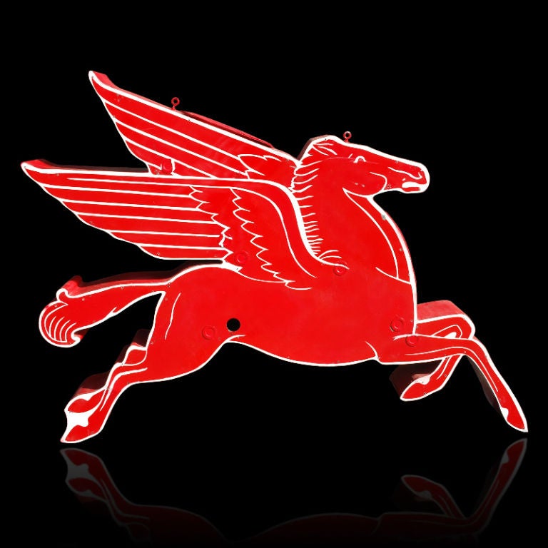 This is spectacular Pegasus Mobil Horse sign. This iconic oil company sign was originally fitted for neon. The transformer is still inside if you want to light it up again.