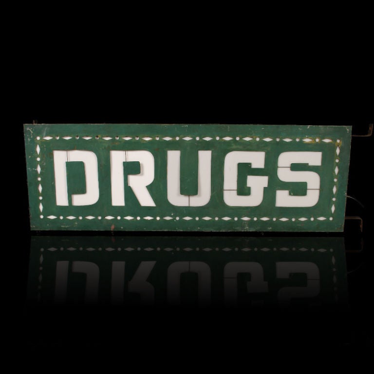 20th Century Lighted DRUGS Sign with Milk Glass Letters