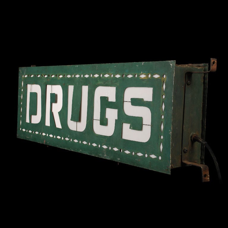 Lighted DRUGS Sign with Milk Glass Letters 1