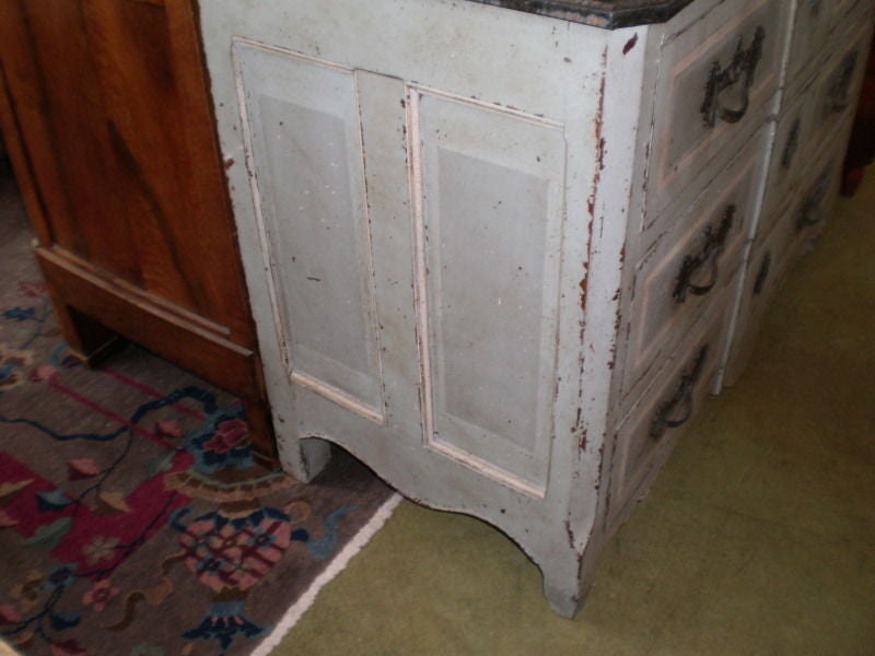 Large 18th century French Louis XV commode.
Well detailed large antique French Louis XV painted three-drawer painted blue, black, white and black commode, chest, credenza or cupboard with faux painted marble top and bronze hardware. This piece