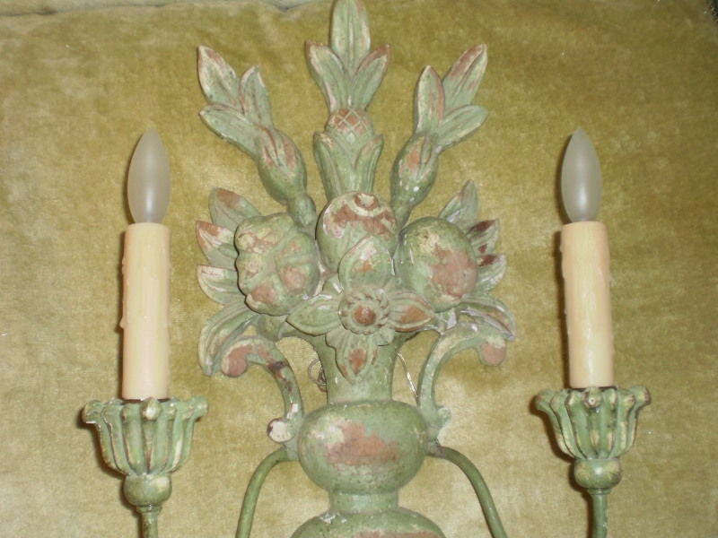 Pair of Antique Italian Two-Light Carved Wood Sconces 1