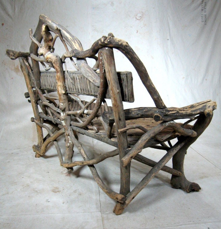 American Rustic Adirondack Twig & Root Bench In Distressed Condition For Sale In High Point, NC