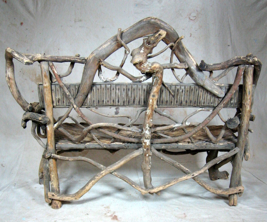 19th Century American Rustic Adirondack Twig & Root Bench For Sale