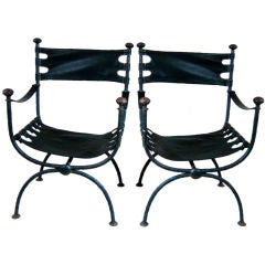 Antique Pair Wrought Iron Curule Chairs