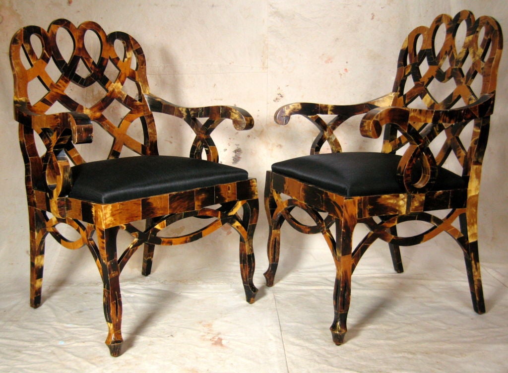 Pair Frances Elkins Style Arm Chairs Covered with Tessellated Horn with Horsehair Upholstered Seats.