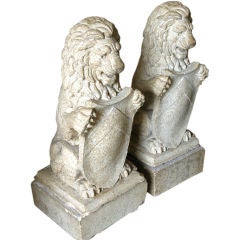 Pair of Terra Cotta lion statues w/shields, American, Circa 1910