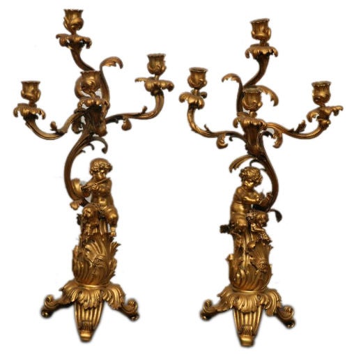 Huge Pair Dore Bronze "Louis XV" Cherub Candelabra