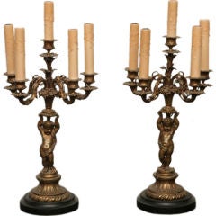 ANTIQUE PAIR FRENCH 5 LIGHT BRONZE CHERUB LAMPS/ CANDELABRA