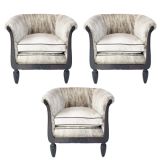 Antique Set of 3 Matching French Art Deco Club Chairs