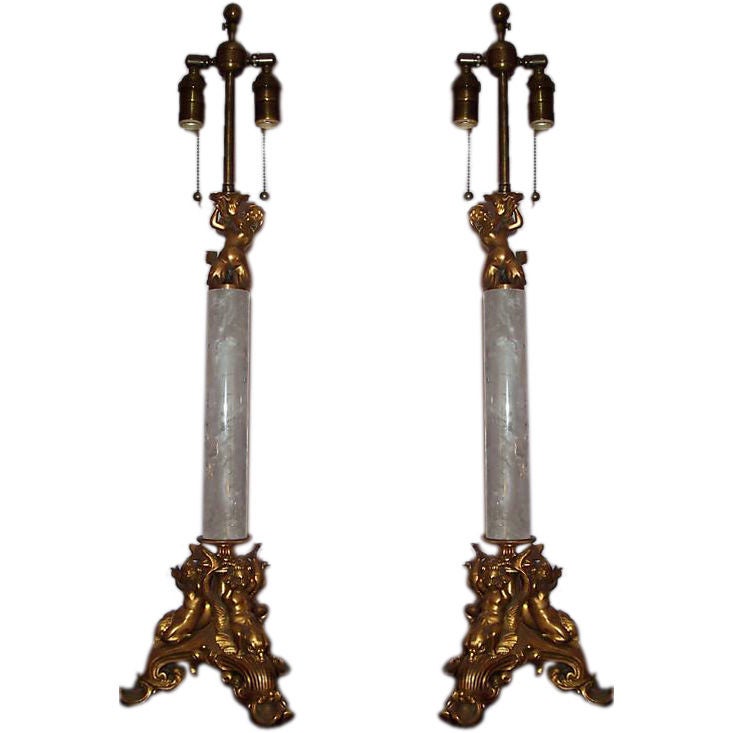 PAIR LARGE GILT BRONZE ROCK CRYSTAL COLUMN LAMPS- CHERUBS