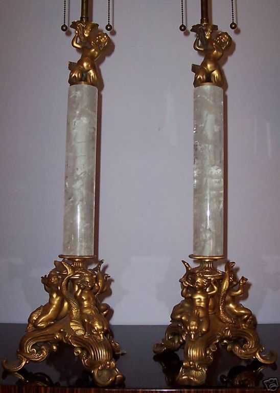 PAIR LARGE GILT BRONZE ROCK CRYSTAL COLUMN LAMPS- CHERUBS