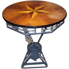 French Art Deco Iron/ Wood Table- Star Inlay- Manner of R. Subes