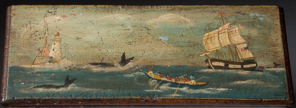 Seaman's Chest<br />
Wooden chest with painted whaler's scene on top.<br />
Initials painted on front, W. H. B.