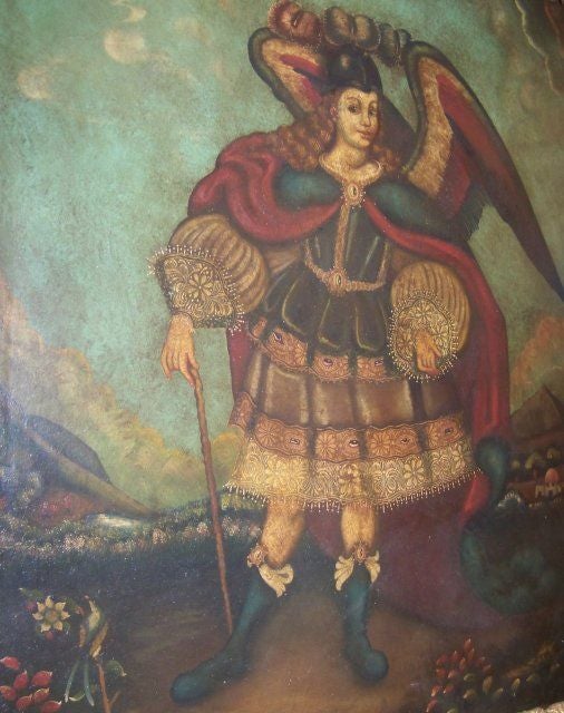19th c. Cusco School, Archangel Michael, oil on canvas (M32)