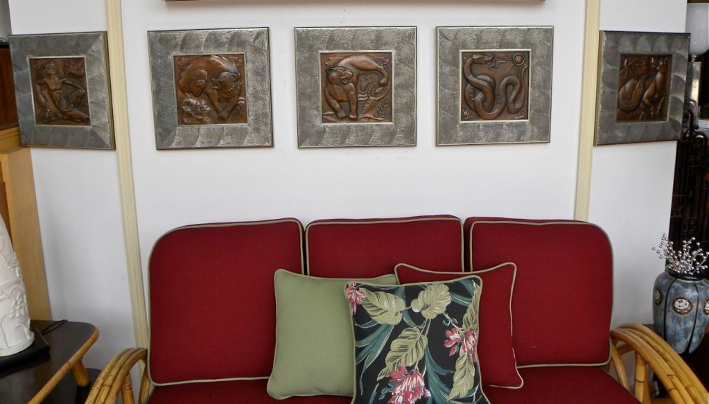 Here's a rarified quintet of 1930's Art Deco Copper Wall Plaques from the Métiers D'Art at the Maredsous Abbey in Belgium. The condition of each stunning wall plaque is truly excellent. The artistic craftsmanship of each piece is imaginative,