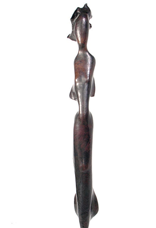 Large Scale Figural Sculpture, by New York artist Leonard Urso, circa 1990s. Elegant, flowing lines. While it has the warm patina of bronze, it is actually constructed of patinated copper. Unsigned, original invoice and personal note from the artist