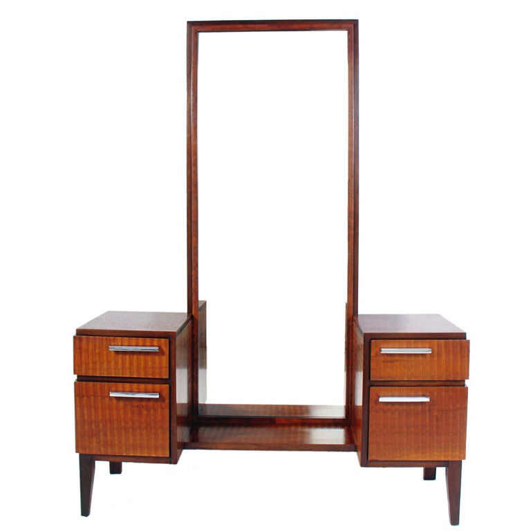 Art Deco Vanity designed by Donald Deskey for his own company, AMODEC, circa 1930's. The exotic burled wood has incredible graining. This piece is a versatile size and can be used as a vanity or console table. Please see our other listings for more