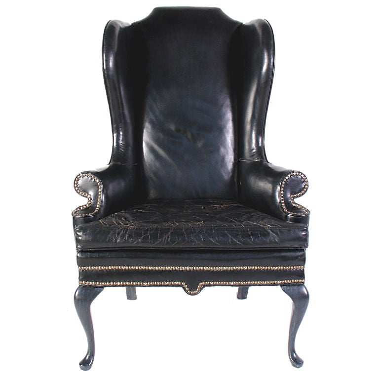 Perfectly Patinated Vintage Black Leather Wing Chair