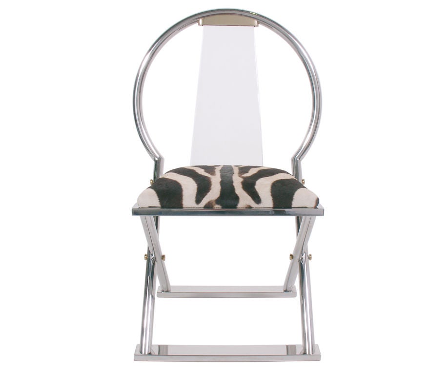 Rare Karl Springer Chair in Chrome, Bronze, Lucite & Zebra Hide