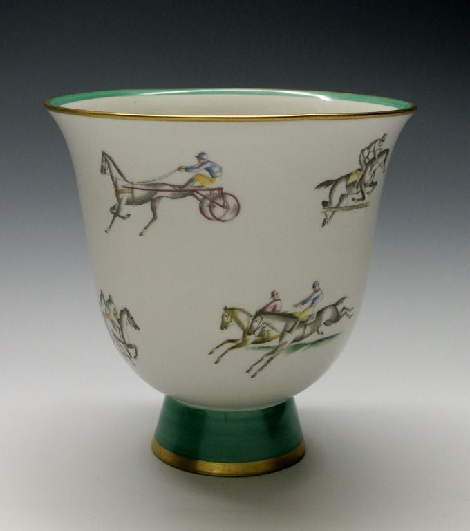Stylized Equestrian Themed decorated porcelain vase designed by Gio Ponti for Richard Ginori.