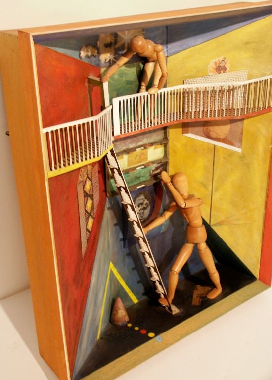 Surreal Oil painting collage of artist mannequin figures depicting a 