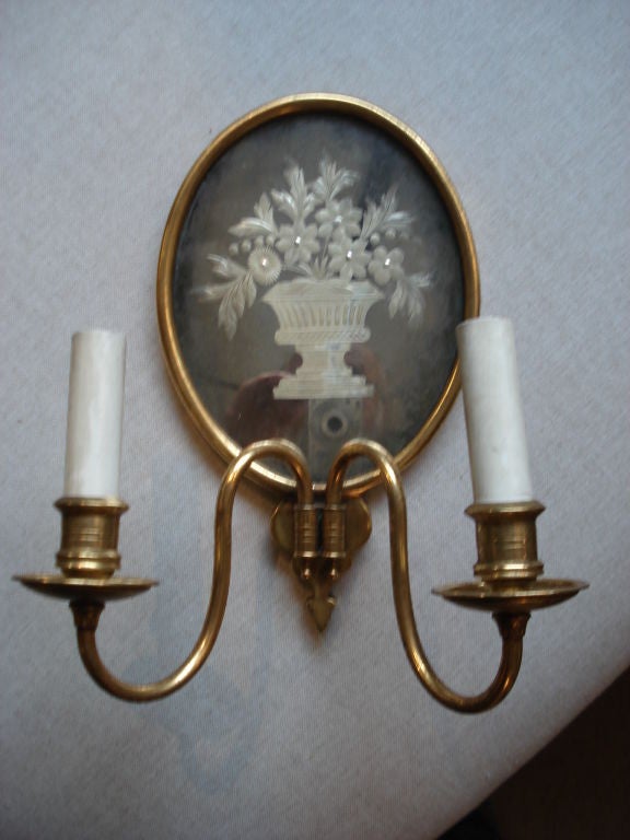 Pair of etched mirrored sconces