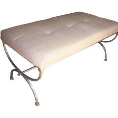 STEEL BENCH WITH BURLAP UPHOLSTERY