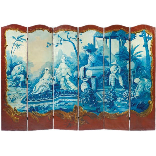 A LOUIS XV STYLE CHINOISERIE PAINTED SIX-FOLD SCREEN For Sale