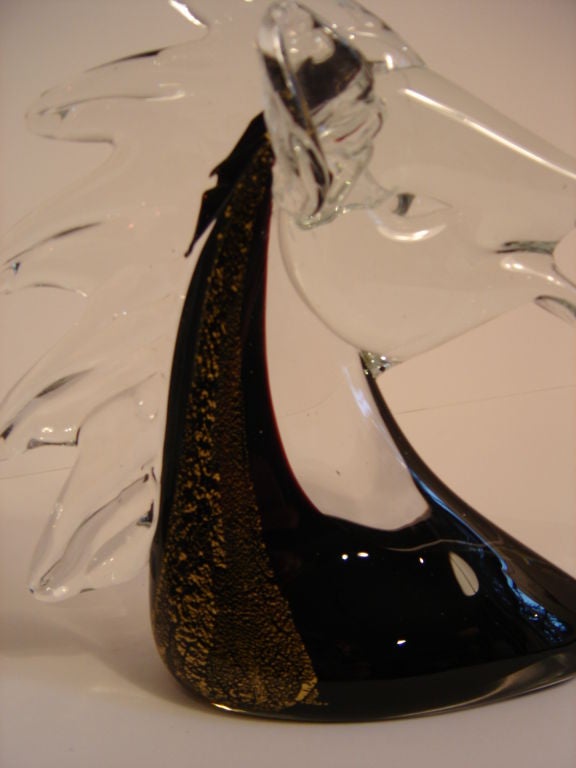 Pair of Murano  Horse Heads in Clear Black and Gold Glass