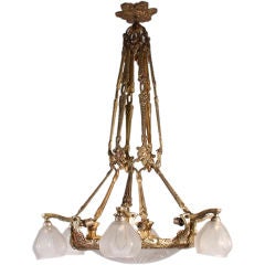 Antique Transitional Brass and Art Glass Chandelier