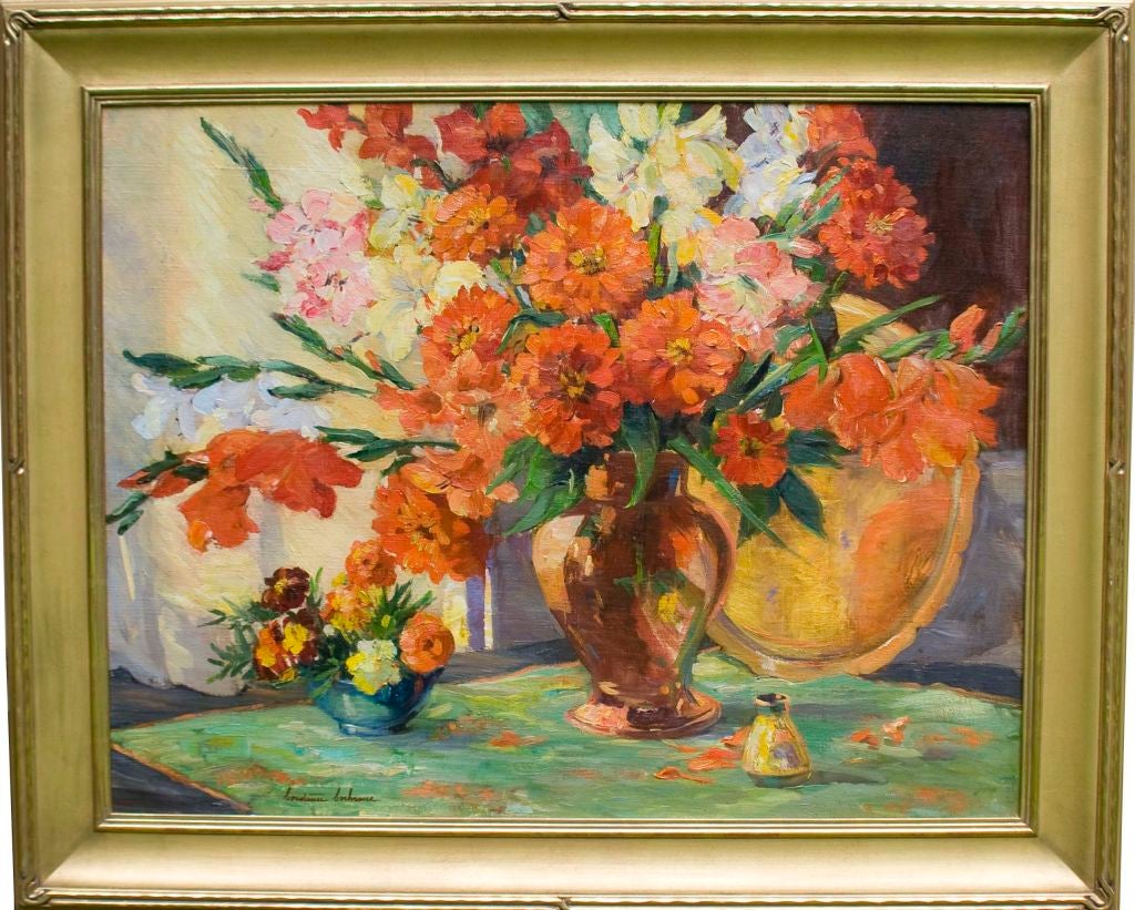 “Scarlet Zinnias and Gladioli” by Constance Cochrane