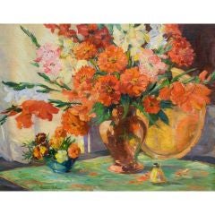 “Scarlet Zinnias and Gladioli” by Constance Cochrane