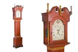 Clock with broken-scroll pediment, three urn finials, enameled dial, fluted quarter-columns at the waist and base that has a wonderfully applied molding surrounding raised flower petals in the centre and ogee bracket feet.