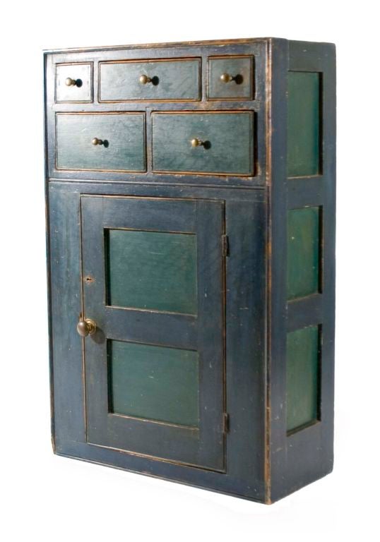 Blue and Green Pine Painted Hanging Cupboard In Good Condition In West Chester, PA